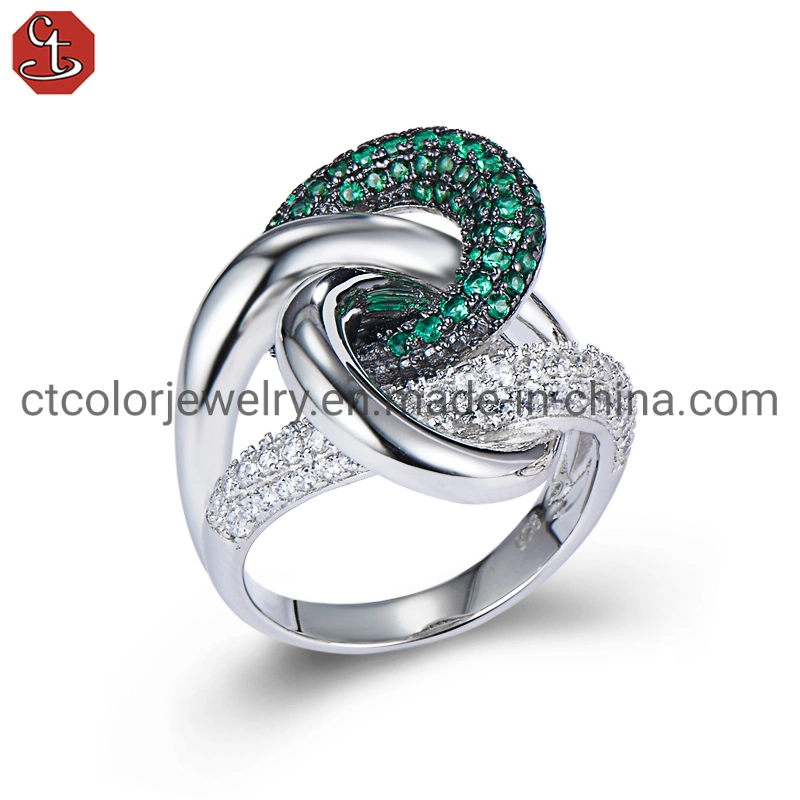 new jewellry Hiphop 925 silver two-color silver green cubic diamond zircon ring