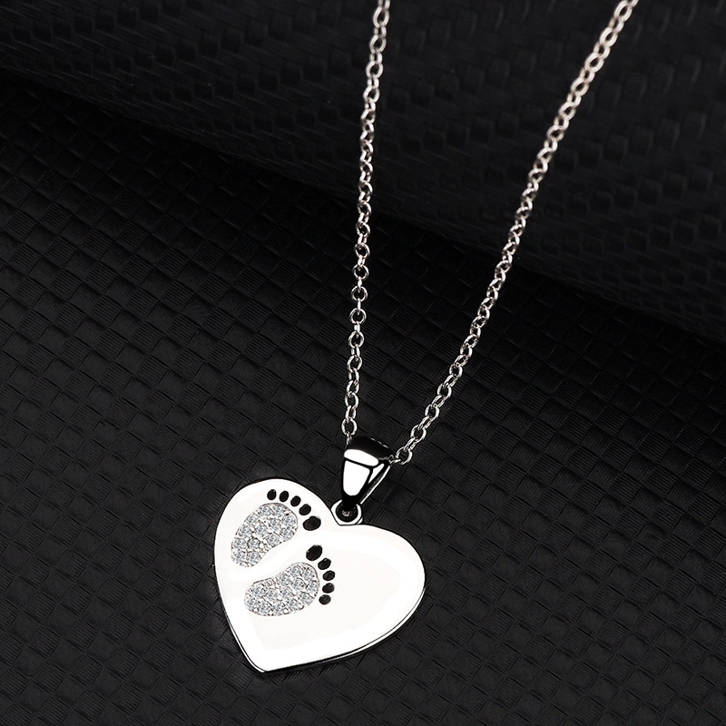 925 Sterling Silver Heart Footprint Drop Necklace