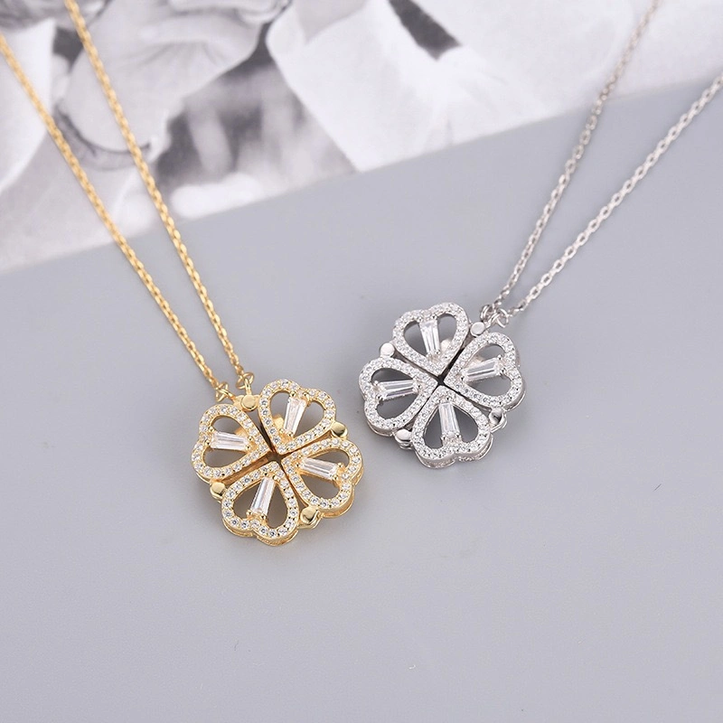 Hot Sale 925 Sterling Silver Four Leaf Clover Magnetic Heart Pendant Women Necklace Jewelry
