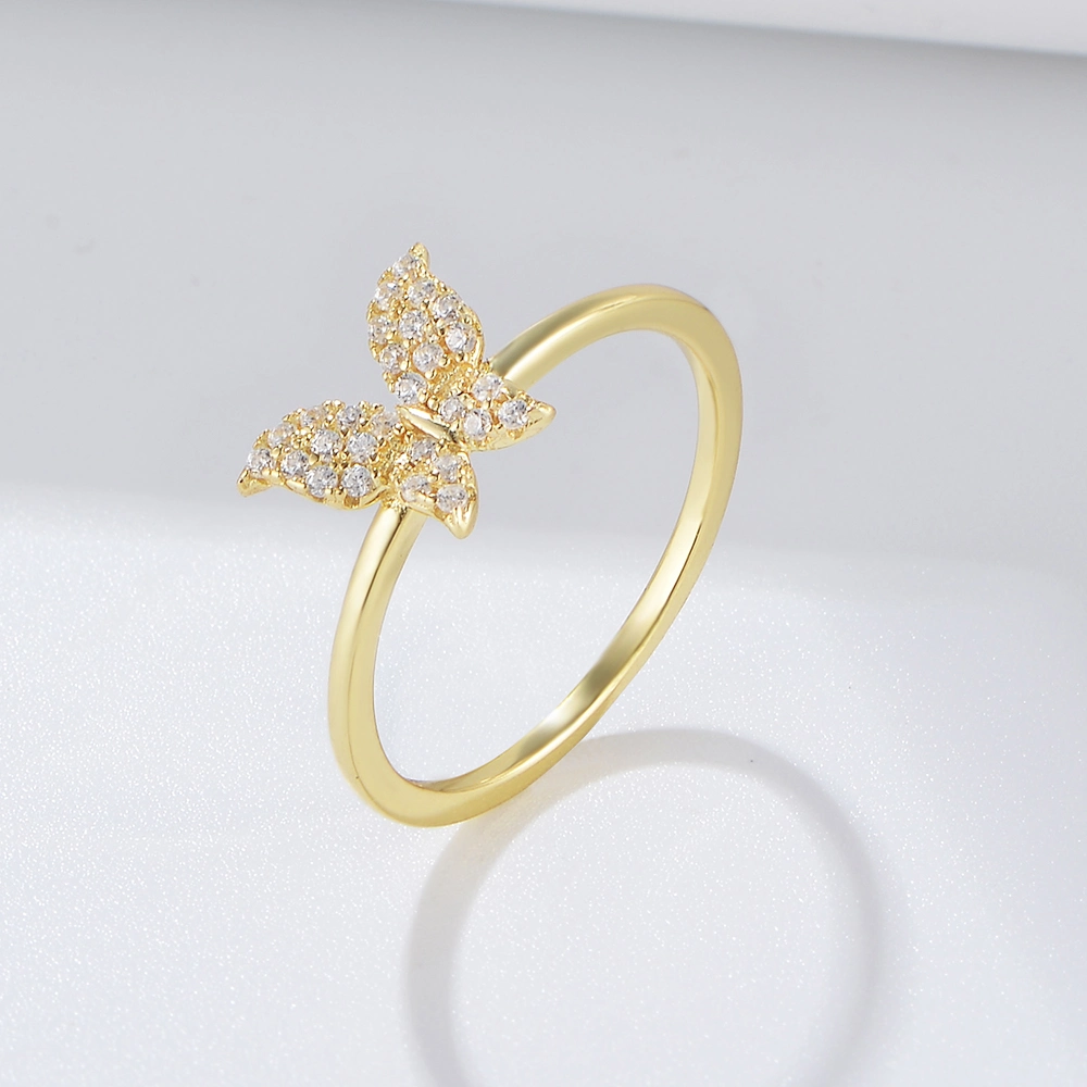 Fashion Gold Plated Cubic Zircon Butterfly Ring Women Girls 925 Sterling Silver Jewelry Custom Logo Butterfly Cocktail Ring