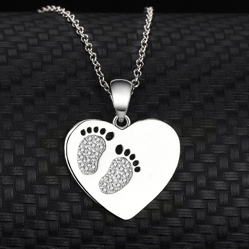 925 Sterling Silver Heart Footprint Drop Necklace