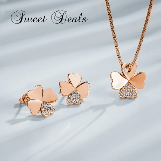 Four Leaf Clover Earrings Necklace Set Fashion Jewelry
